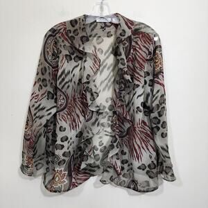 Selene sport vintage semi sheer open ruffle front animal print‎ kimono woman L